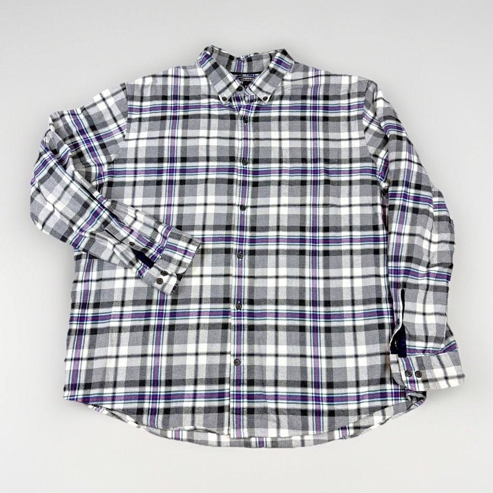 Lands End Flannel Shirt Mens XXL Grey Plaid Long Sleeve Cotton Traditional Fit